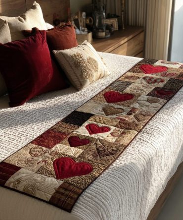 Blushing Heart Quilted Bed Runner — Soft Pink Romantic Bedding Accent, Quilted Bed Scarf For Charming Bedroom Makeovers