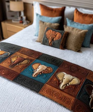 Boho Elephant Quilted Bed Runner — Colorful Handcrafted Cotton Bed Scarf For Queen & King, Eclectic Global Accent, Reversible & Lightweight