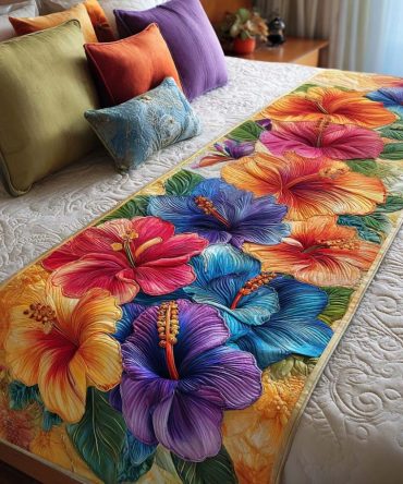 Bold Hibiscus Tropical Quilted Bed Runner — Bright Floral Bed Scarf, Fade-Resistant Cotton For Coastal & Boho Bedrooms