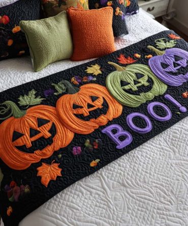 Halloween Boo Quilted Bed Runner — Cute Ghost Party Accent For Fall Bedroom, Soft Lightweight Bed Scarf For Queen & King