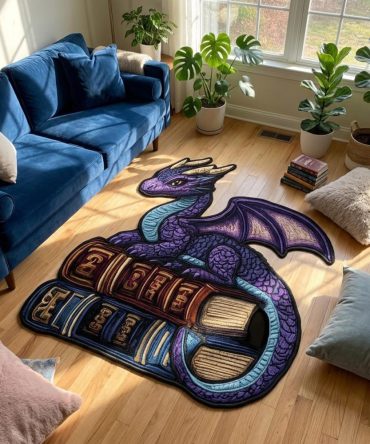 Whimsical Book Dragon Custom-Shaped Area Rug — Cozy Reading Nook Accent Rug, Durable Low-Pile, Non-Slip Backing, Custom Sizes