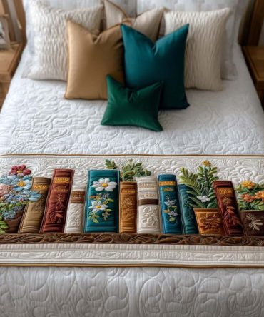 Bookish Dreams Quilted Bed Scarf — Literary-Themed Bed Runner, Cozy Library-Inspired Bedding Accent For Readers, Reversible & Soft Quilted Finish