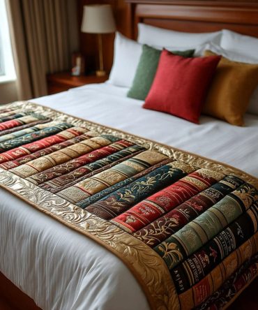 Bookish Serenity Elegant Quilted Bed Runner — Subtle Literary Motifs, Soft Cotton Bed Scarf For Calm Bedroom Styling, Queen/King Friendly