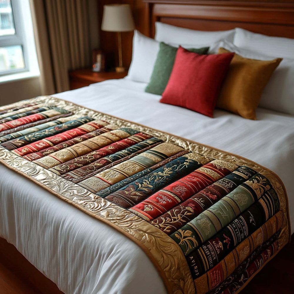Bookish Serenity Elegant Quilted Bed Runner — Subtle Literary Motifs, Soft Cotton Bed Scarf For Calm Bedroom Styling, Queen/King Friendly