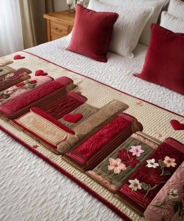 Bookish Valentine Quilted Bed Runner - Charming Literary Heart Bed Scarf For Cozy Romantic Styling , Decorative Throw For Reader-Inspired Bedrooms