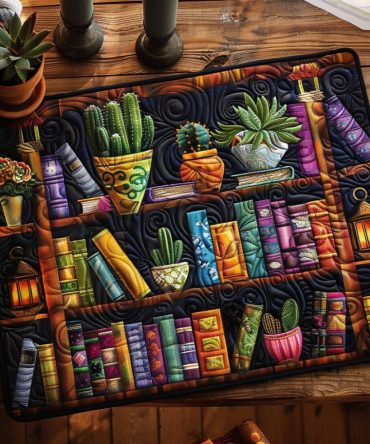 Literary Floral Quilted Placemat — Book Lover Table Mat with Bloom Print, Soft Cotton, Decorative Dining Accent, Machine Washable