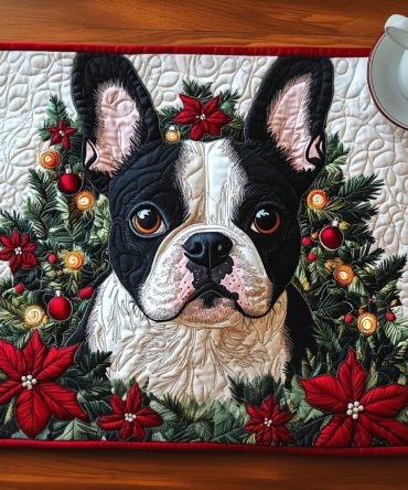 Boston Terrier Holiday Quilted Placemat — Festive Dog Table Decor, Durable Stitched Cotton Blend, Easy-Care Christmas Dining Mat