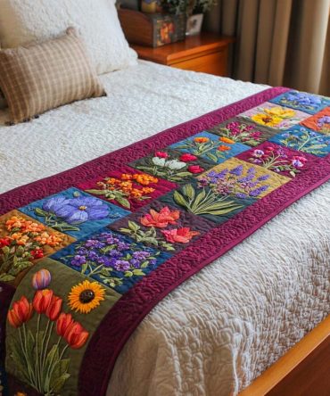 Botanical Harmony Quilted Bed Runner — Lush Floral & Leaf Bed Scarf For Modern Natural Bedrooms, Soft Cotton, Reversible