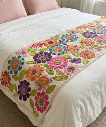 Botanical Mosaic Heritage Quilted Bed Runner — Garden-Inspired Decorative Bed Scarf For Queen & King Beds, Reversible & Easy Care