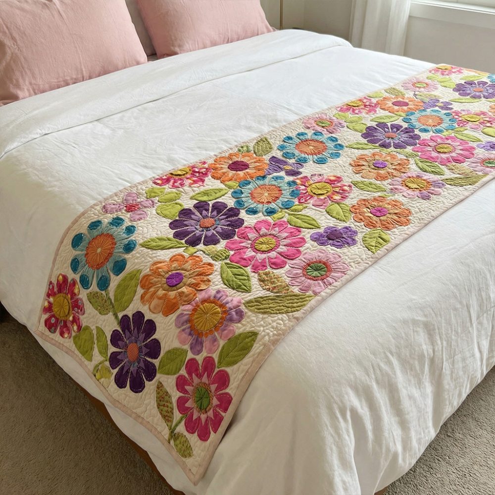 Botanical Mosaic Heritage Quilted Bed Runner — Garden-Inspired Decorative Bed Scarf For Queen & King Beds, Reversible & Easy Care