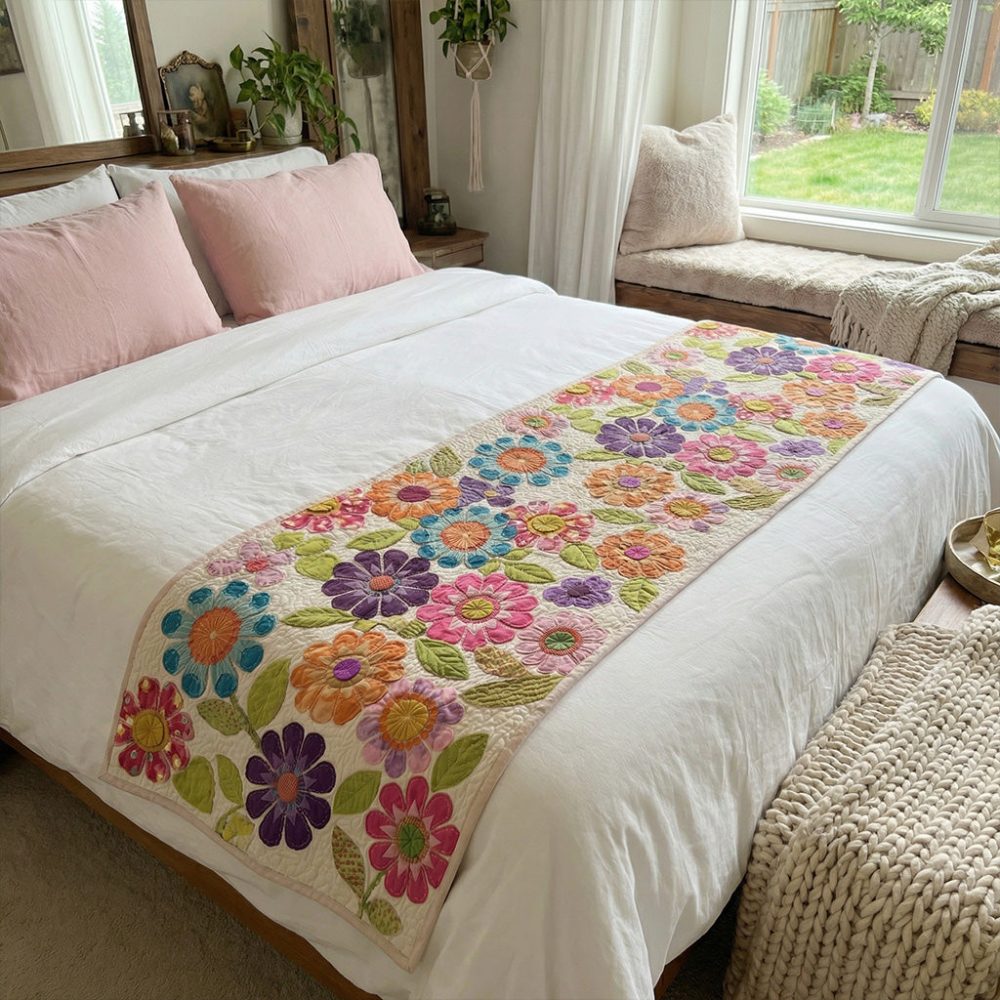 Botanical Mosaic Heritage Quilted Bed Runner — Garden-Inspired Decorative Bed Scarf For Queen & King Beds, Reversible & Easy Care - Image 2