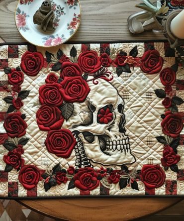Bouquet of Bones Quilted Placemat — Dark Floral & Skeletal Motif Quilted Cotton Table Mat for Gothic Chic Dining, Durable & Washable