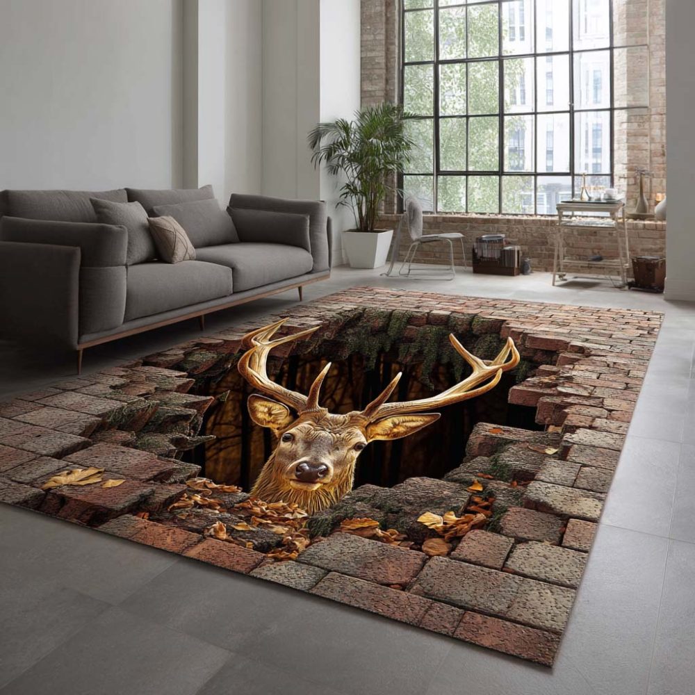 Brick Cave Deer Area Rug — Rustic Nature-Inspired Accent Rug With Deer Motif, Durable Low-Pile For Cabins & Living Rooms, Easy Care