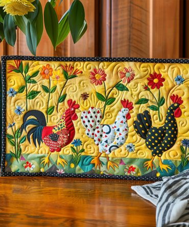 Bright Chicken Meadow Quilted Placemat — Colorful Farmhouse Chicken Design, Durable Cotton Blend, Easy-Care Kitchen Accent