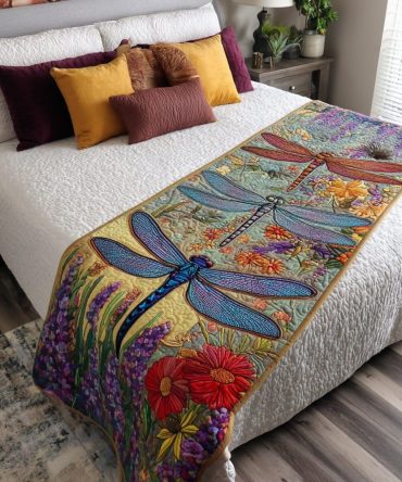 Bright Dragonfly Hand-Quilted Bed Runner — Vibrant Cotton Decorative Accent For Beds, Benches & Sofas, Eco-Friendly