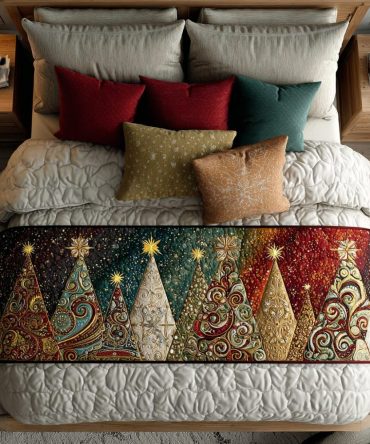 Bright Forest Quilted Bed Runner — Colorful Woodland Bed Scarf, Modern Nature Bedding Accent, Reversible Cotton Blend & Machine Washable