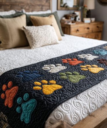 Bright Pawstep Quilted Bed Runner — Colorful Paw Print Accent Runner To Add Playful, Durable Style To Beds & Sofas