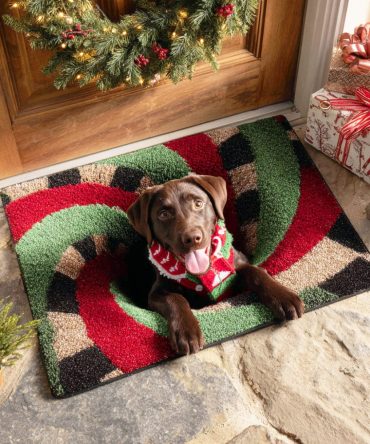 Brown Vortex Puppy Mat - Earth-Toned Swirl & Pup Illustration Outdoor/Indoor Doormat, Weatherproof, Non-Slip & Rustic Modern Entry Accent