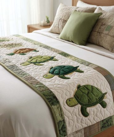 Bubbles Turtle Quilted Decorative Runner — Playful Ocean-Themed Bed Scarf, Soft Cotton Blend, Reversible Accent For Queen & King Beds