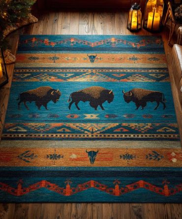 Buffalo Spirit Plains Native-Inspired Area Rug — Earthy Southwestern Accent Rug For Living Room, Den, Lodge & Cabin Interiors
