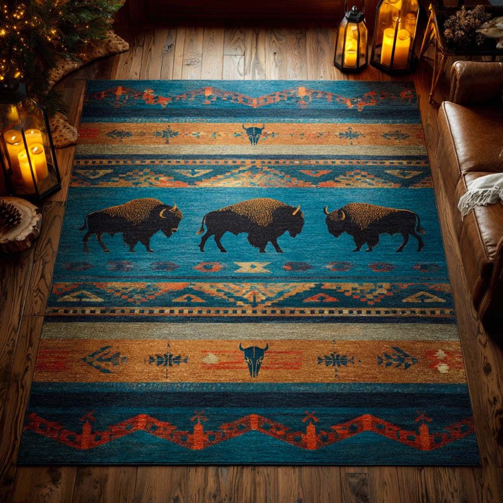 Buffalo Spirit Plains Native-Inspired Area Rug — Earthy Southwestern Accent Rug For Living Room, Den, Lodge & Cabin Interiors