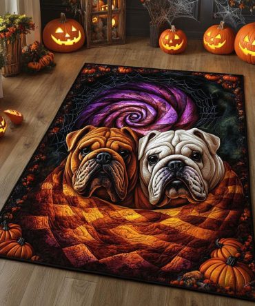 Bulldog Duo Pumpkin Fall Area Rug — Seasonal Orange Accent Rug For Porch, Entryway, Kitchen & Halloween Decor, Durable Indoor Use