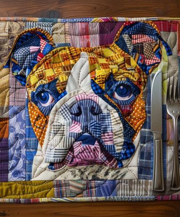Snuggly Bulldog nap-themed quilted table placemat — machine-washable, durable pet feeding mat for kitchen & dining, non-slip, easy-care