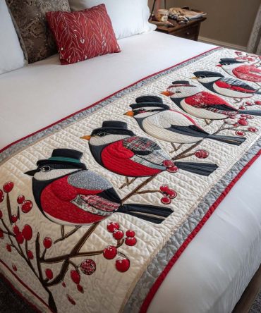 Bullfinch Holiday Joy Quilted Bed Scarf — Festive Bird-Themed Bed Runner For Cheerful Christmas Bedding & Seasonal Styling