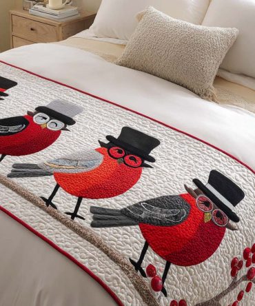 Bullfinch Winter Song Quilted Bed Scarf — Elegant Bird Motif Holiday Bed Runner For Warm Seasonal Bedding & Festive Styling