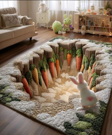 Bunny Adventure Garden Kids Area Rug — Colorful Playroom & Nursery Rug With Whimsical Bunny Design, Soft, Non-Slip & Easy Clean