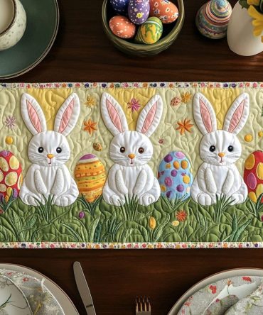 Bunny Charm spring quilted table placemat — adorable rabbit print, machine-washable Easter dining mat with non-slip backing, seasonal kitchen decor