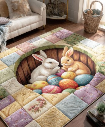 Bunny Egg Garden Easter Area Rug — Festive Spring Accent Rug With Bunnies & Eggs For Entryway, Living Room, Kids Spaces, Easy Care