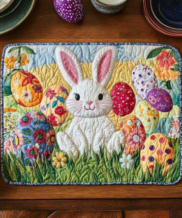 Bunny Haven cozy quilted table placemat — charming rabbit pattern for spring dining, machine-washable, non-slip, protective and gift-ready