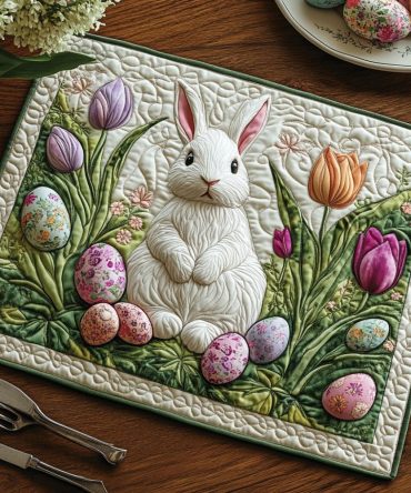 Bunny Trail Quilted Table Placemat — Whimsical Bunny & Floral Dining Protector, Perfect Easter & Spring Kitchen Accent for Family Meals