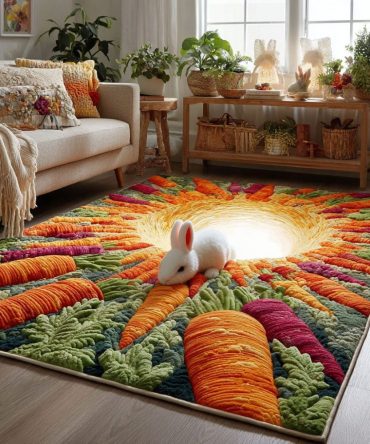 Hop-Into-Cozy Bunny & Carrot Kids Area Rug — Soft Low-Pile Non-Slip Nursery Accent, Stain-Resistant Polyester Playroom Rug