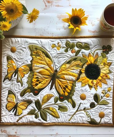 Butterfly & Sunflower Quilted Placemat - Bright Floral Cotton Table Mat Featuring Butterflies for Cheerful Kitchen Decor