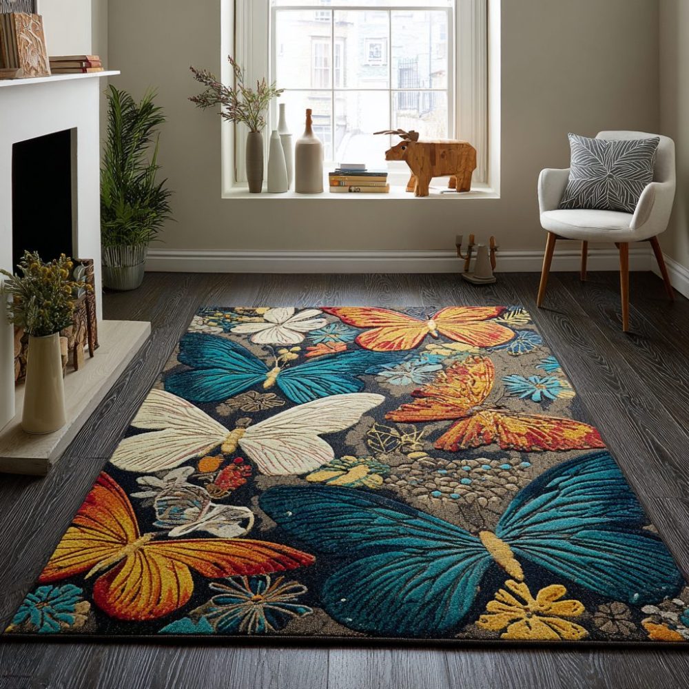 Delicate Butterfly Charm Area Rug — Soft Pastel Kids Rug For Nursery & Playroom, Low-Pile Durable Polyester With Non-Slip Backing