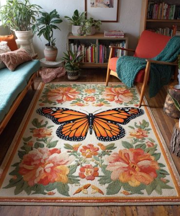Butterfly Meadow Decorative Rug — Lively Butterfly & Meadow Print For Kids’ Rooms, Low-Pile Soft Surface, Non-Skid Backing For Safe Play
