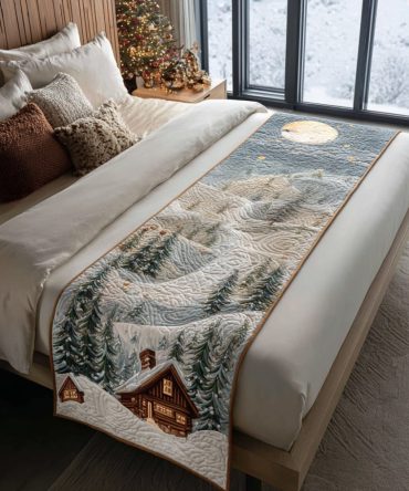 Rustic Cabin Holiday Quilted Bed Runner - Cozy Christmas Plaid Accent For Queen/King Beds, Reversible Cotton Blend, Easy Care