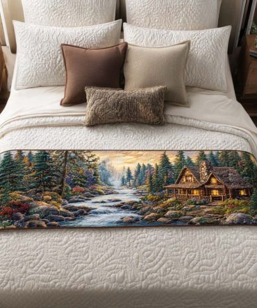 Cabin Forest Rest Quilted Bed Runner — Woodland Lodge Quilted Bed Scarf For Rustic Retreats, Warm Decorative Accent, Reversible