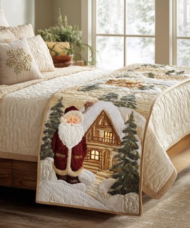 Cabin Lights Quilted Bed Runner — Rustic Cabin Quilt Scarf With Warm Lighting Motif For Lodge & Mountain Bedroom Decor, Quilted Accent Throw