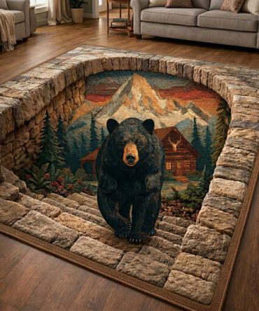 Cabin Mountain Bear Area Rug — Rustic Lodge-Inspired Kids Rug With Bear Motif, Durable Low-Pile Accent For Cabin, Nursery & Playroom Decor