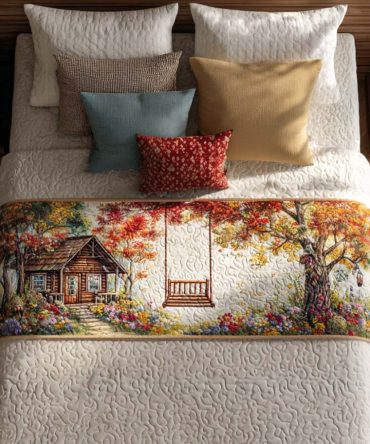 Cabin Serenity Lane Quilted Bed Scarf - Cozy Rustic Bed Runner, Quilted Cotton Blend, Reversible, Cabin & Lodge Bedroom Accent, Machine Wash