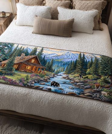 Cabin Sleep Bliss Quilted Bed Runner — Rustic Comfort Bed Scarf For Queen & King Beds, Cozy Lodge Style, Durable & Machine Washable
