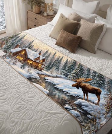 Cabin Snow Drift Quilted Bed Runner — Cozy Winter Lodge Bed Scarf For Queen & King, Rustic Cabin Accent, Warm & Easy Care