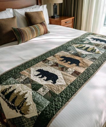 Cabin Tracks Quilted Bed Runner — Heritage Plaid & Track Design Runner For Rustic Bedrooms, Soft Padded Accent Throw With Lodge Appeal