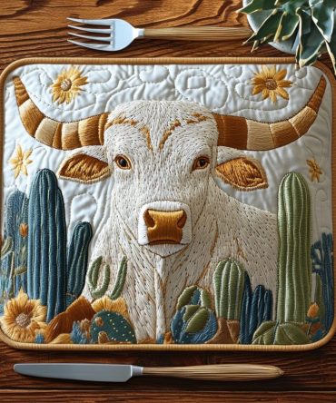 Cactus & Longhorn Quilted Placemat — Southwestern Rustic Table Accent with Bold Desert Motifs, Durable Cotton Quilting