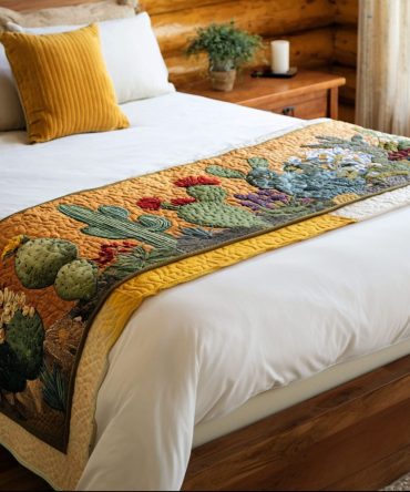 Cactus Bloom Quilted Bed Runner - Desert Floral Bed Scarf, Southwestern Boho Accent For Bedroom, Lightweight Reversible Throw