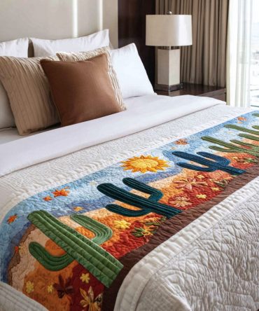 Cactus Country Quilted Bed Runner - Rustic Desert Print Bed Scarf, Southwestern Bedding Accent, Reversible Lightweight Throw For Cozy Rooms