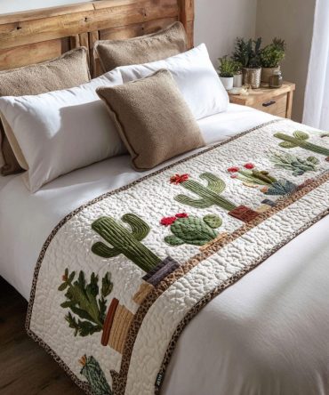 Cactus Cutie Quilted Bed Runner - Trendy Succulent-Themed Bedding Accent With Cute Cactus Motif, Boho Desert Throw For Southwestern & Eclectic Bedrooms